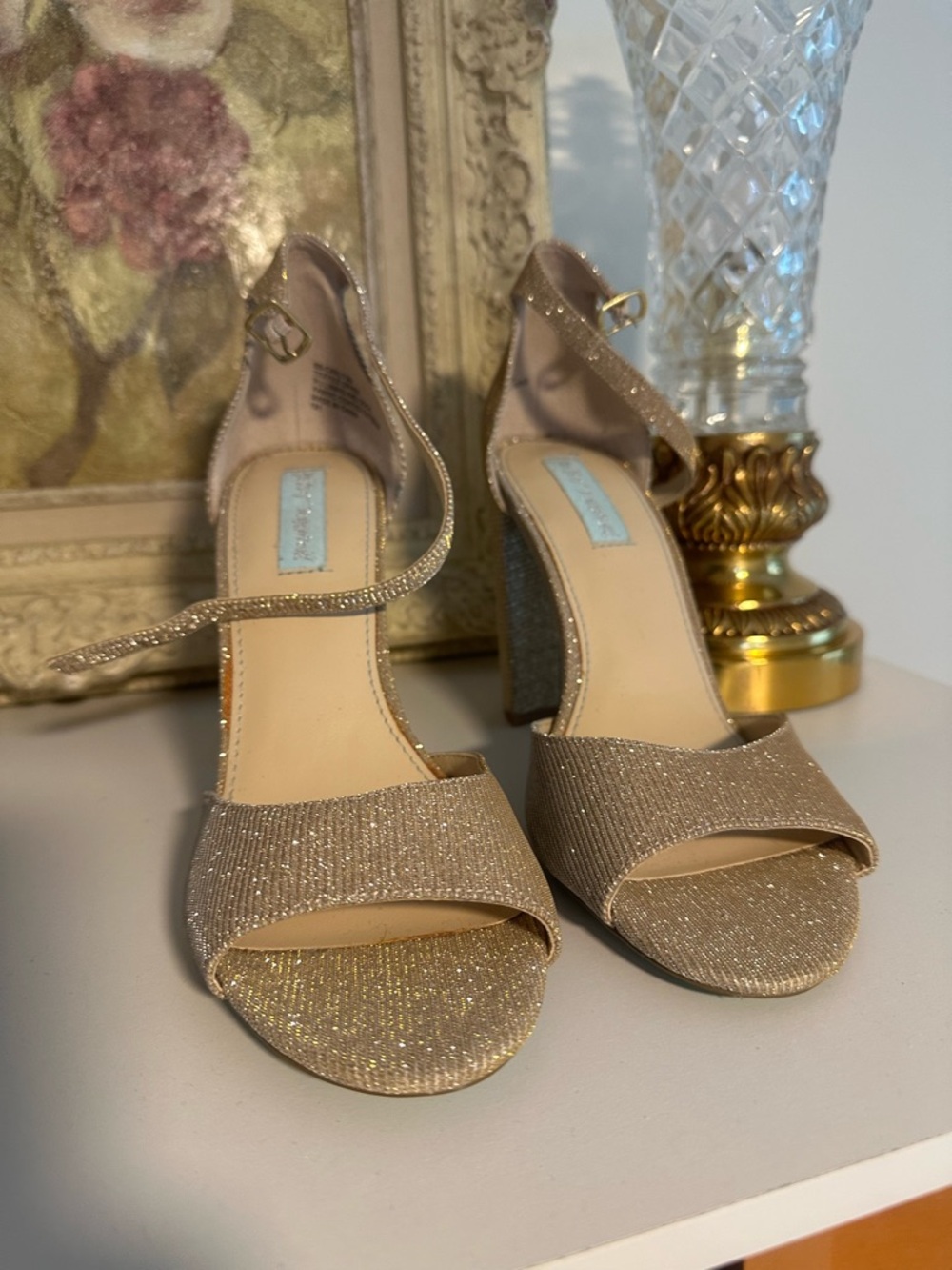 Betsey Johnson Gold Glitter Ankle-Strap Block Heels